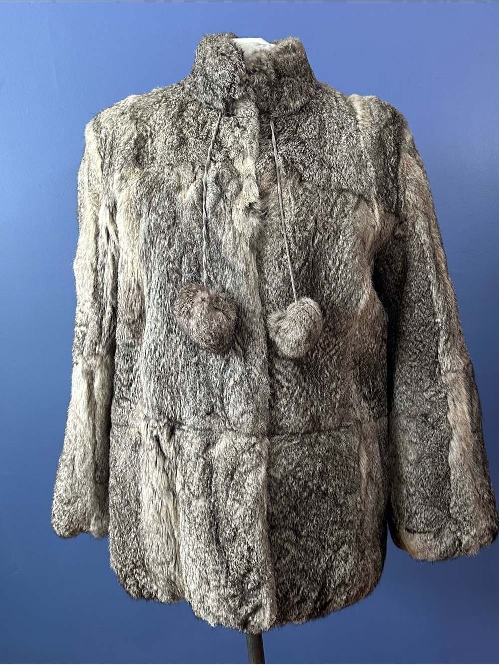 Vintage Gray Fur Jacket with Pom-Pom Ties